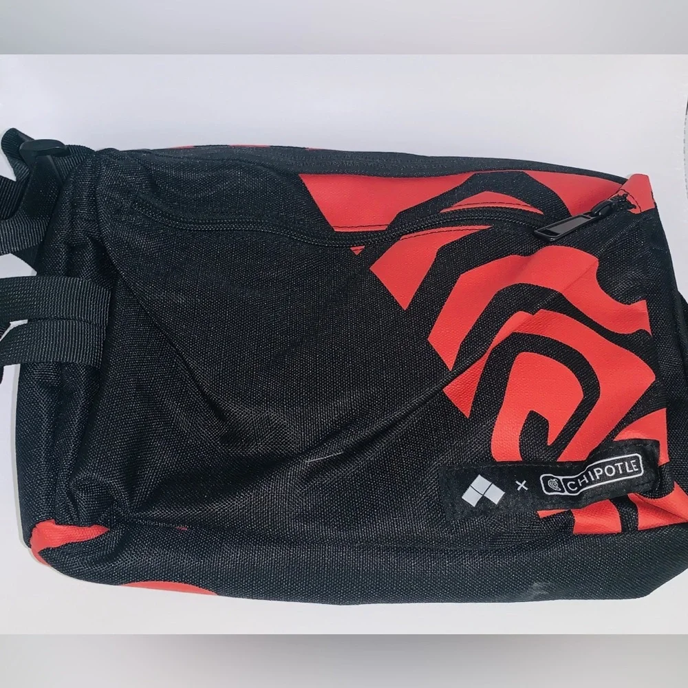 New Chipotle Mexican Grill sling back / backpack / black with red chili … - Picture 2 of 9